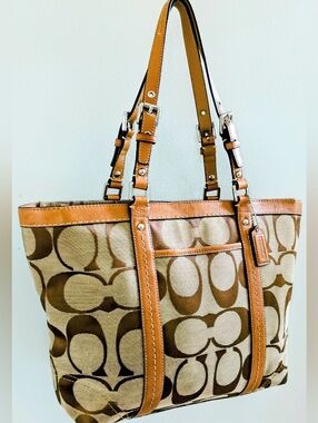 Coach Signature Canvas Tote in Brown and Tan with Leather Straps